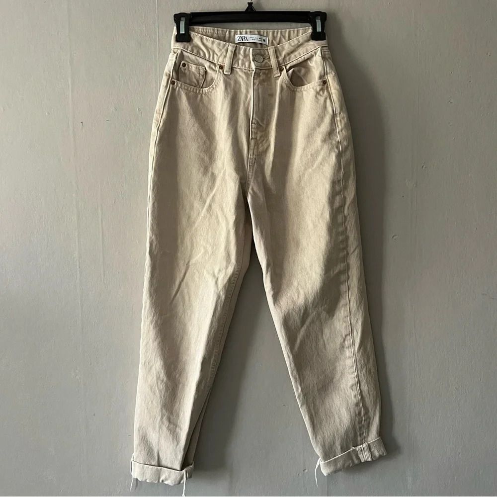 Zara Women's Cream High Rise Mom Jeans Straight Leg Denim Pants Size 0